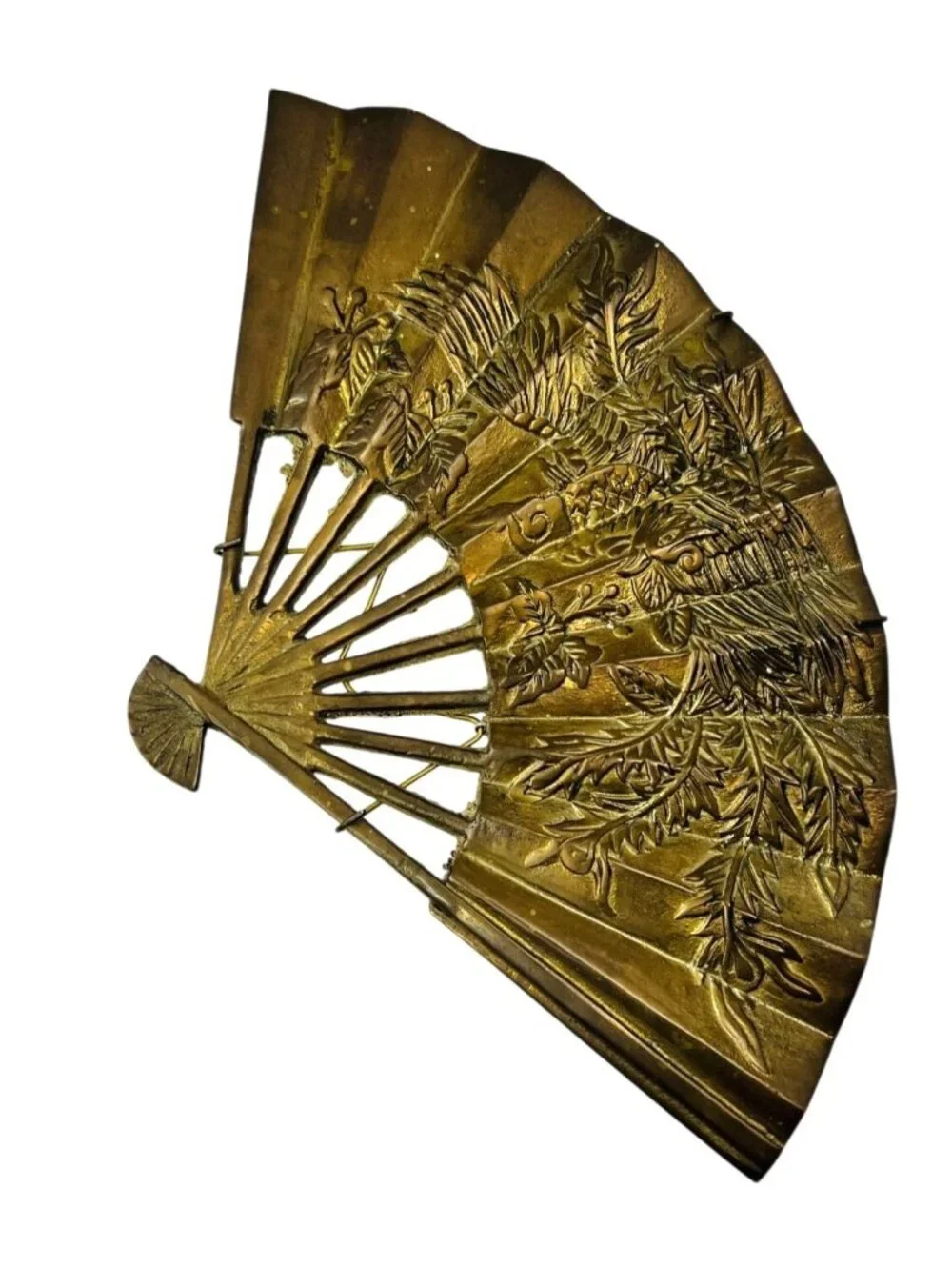 MCM vintage Solid Brass Phoenix & Floral Asian Theme Decorative Fan